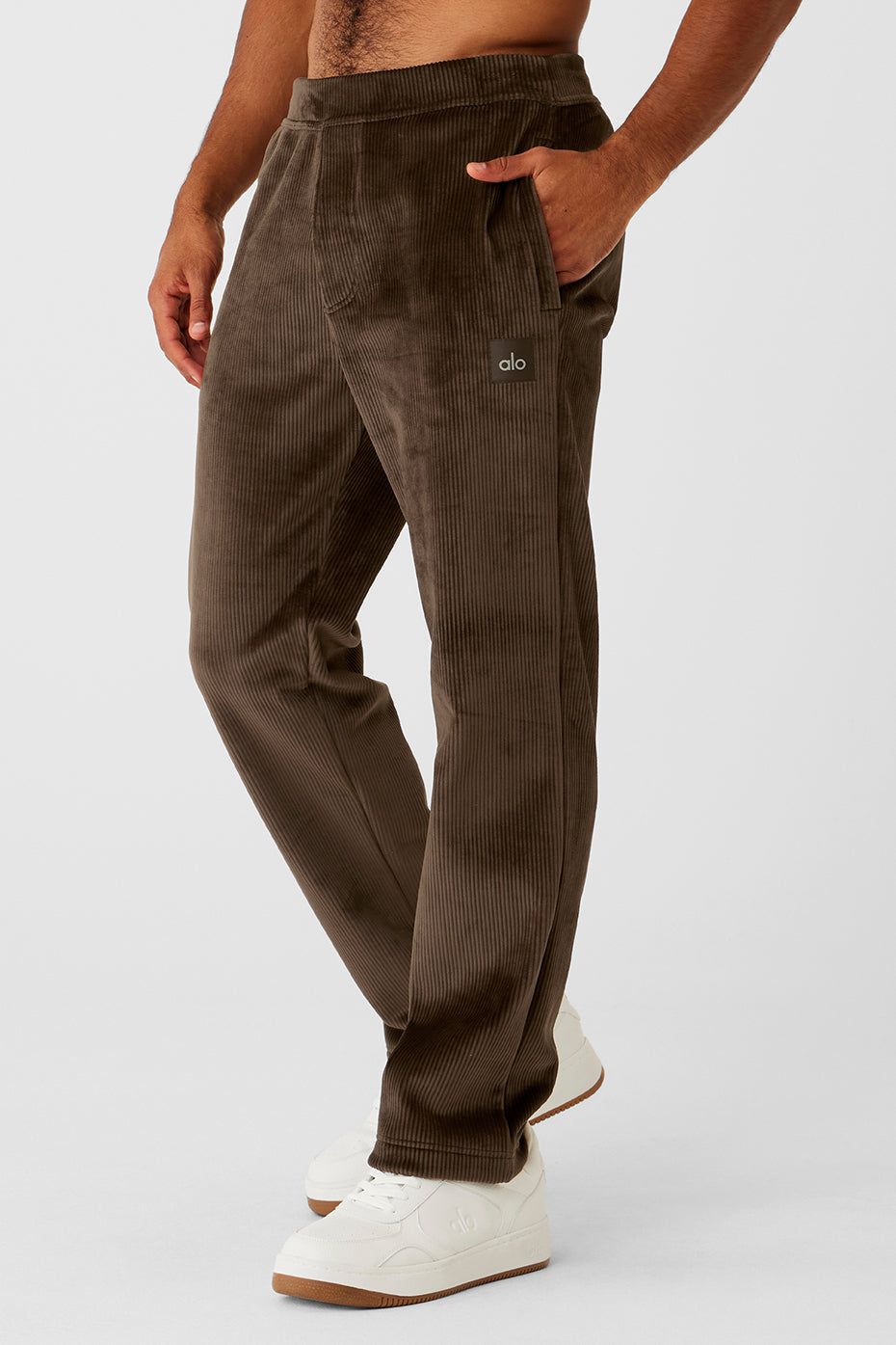 Casual outfit with espresso velour pants paired with a stylish hoodie.