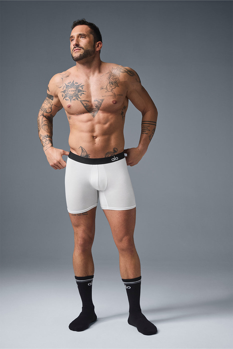 Model wearing modal fabric boxers, demonstrating the four-way stretch.