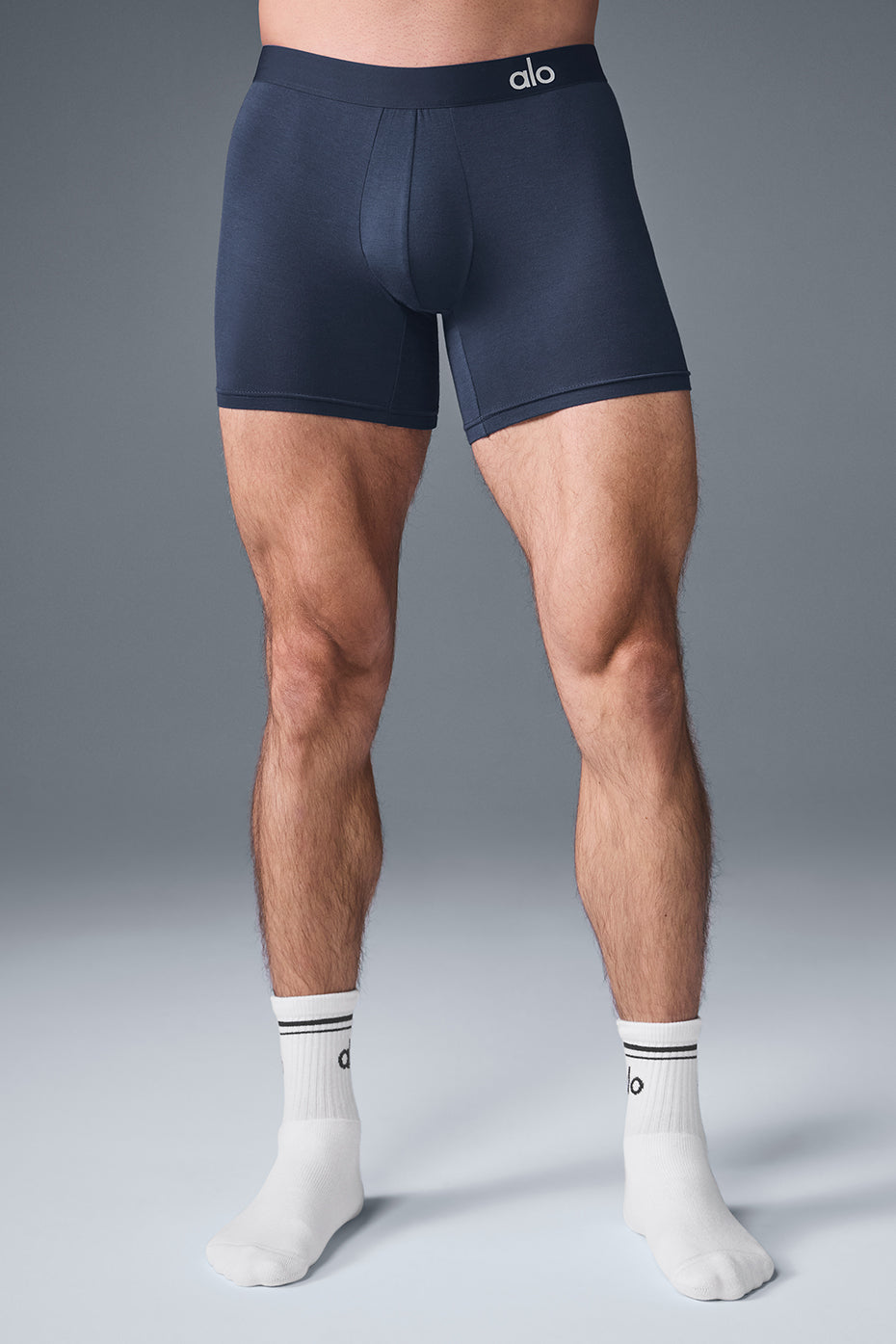 Front view of navy modal boxer shorts showcasing the elastic waistband.