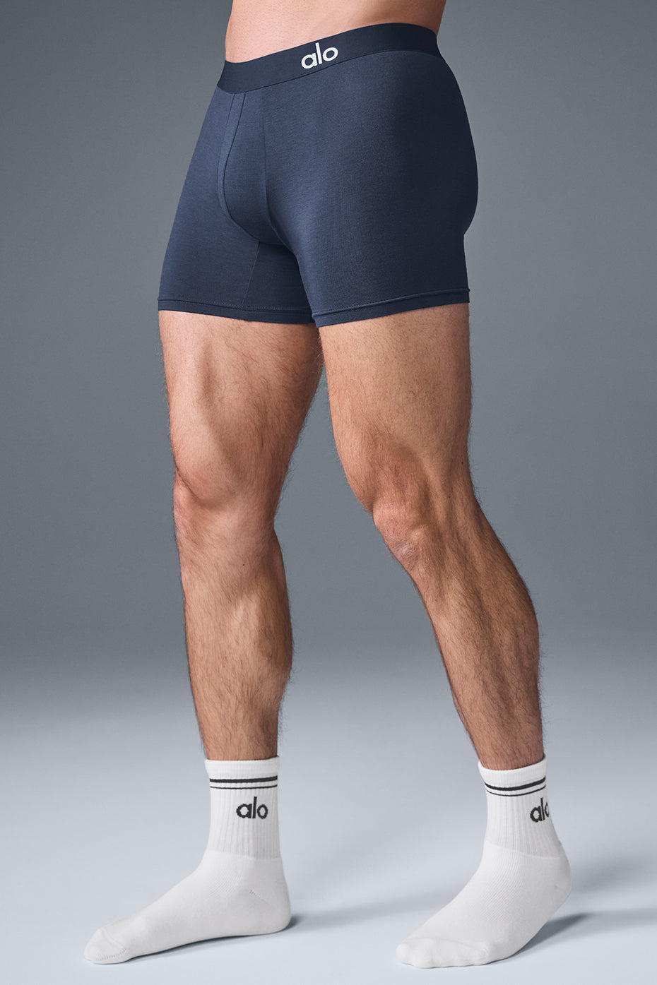 Close-up of silky-soft modal boxer shorts in navy color.