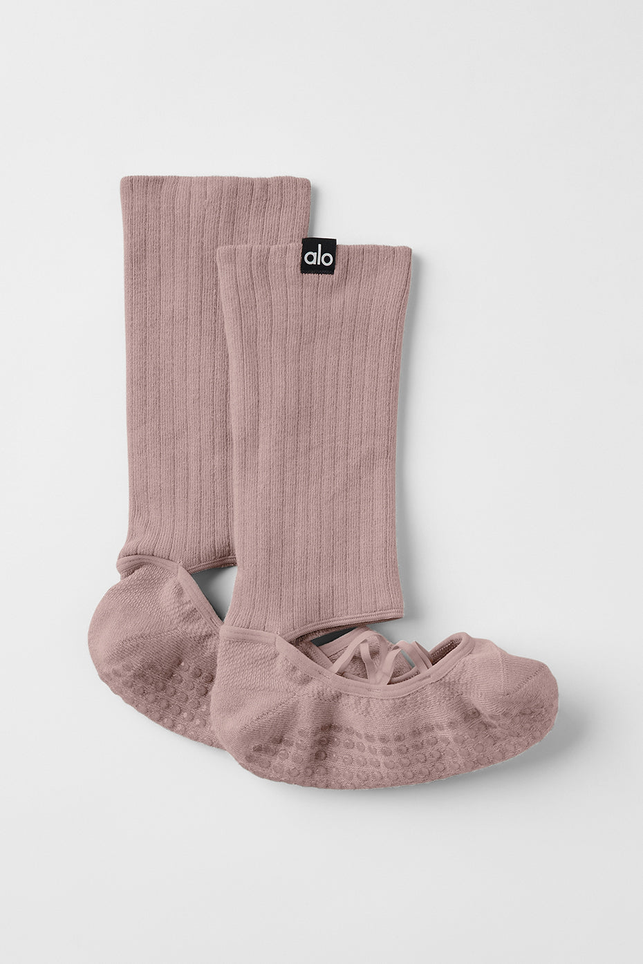 Close-up of taupe strappy grip socks for women, showcasing silicone grips.