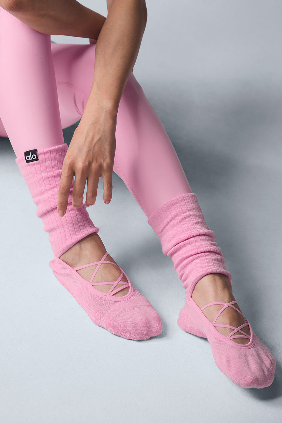 Stylish Sweet Pink womens studio socks with ribbed ankle cuffs for Pilates class