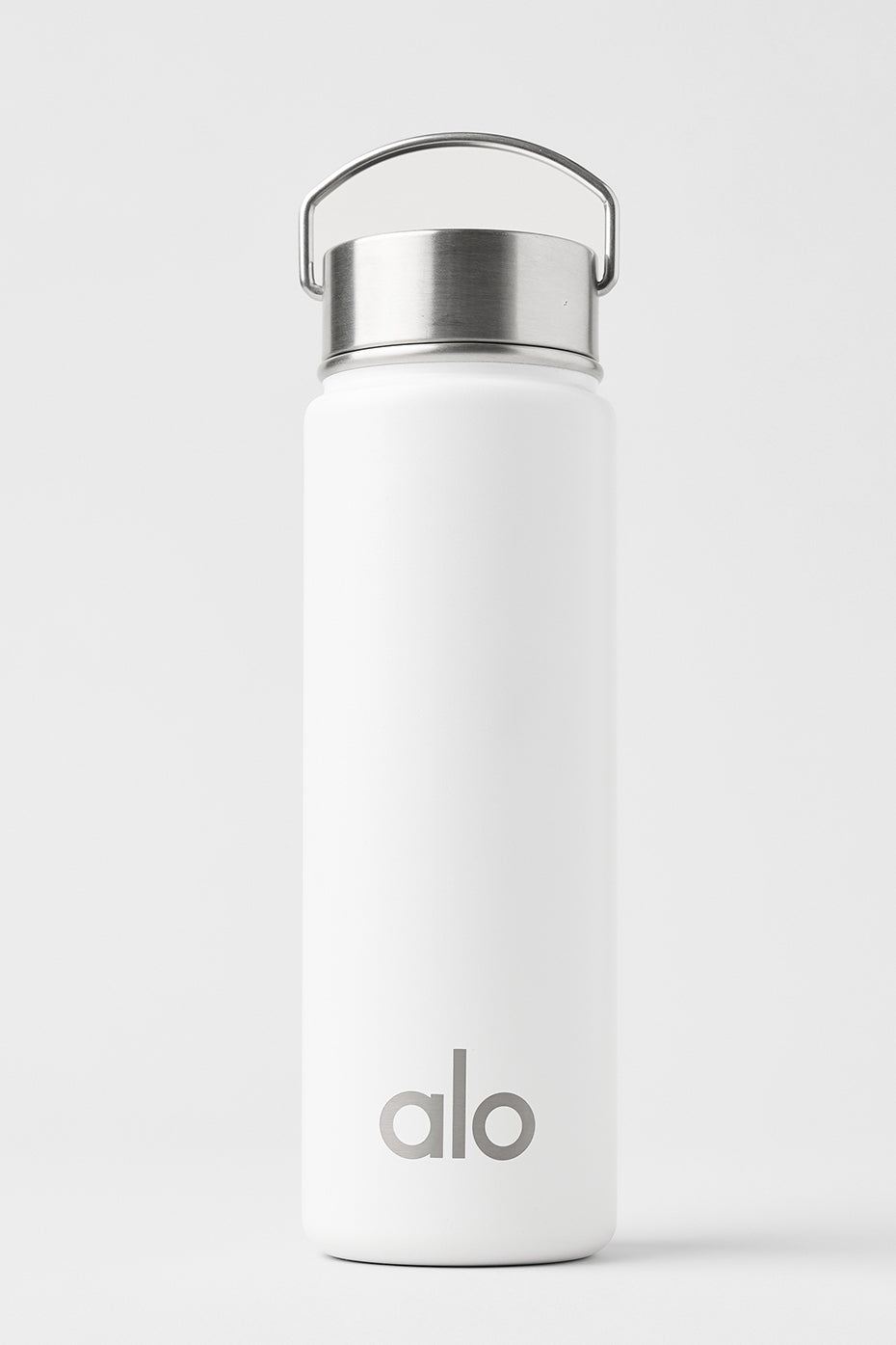 ALO aluminum sports water bottle in white, showcasing its twist-off cap.