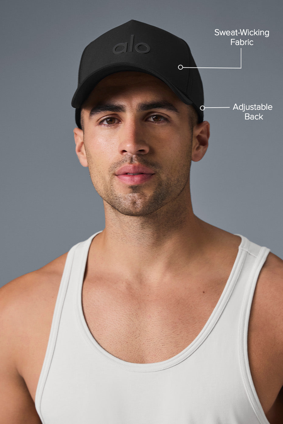 Side view of black performance hat showing mesh detail