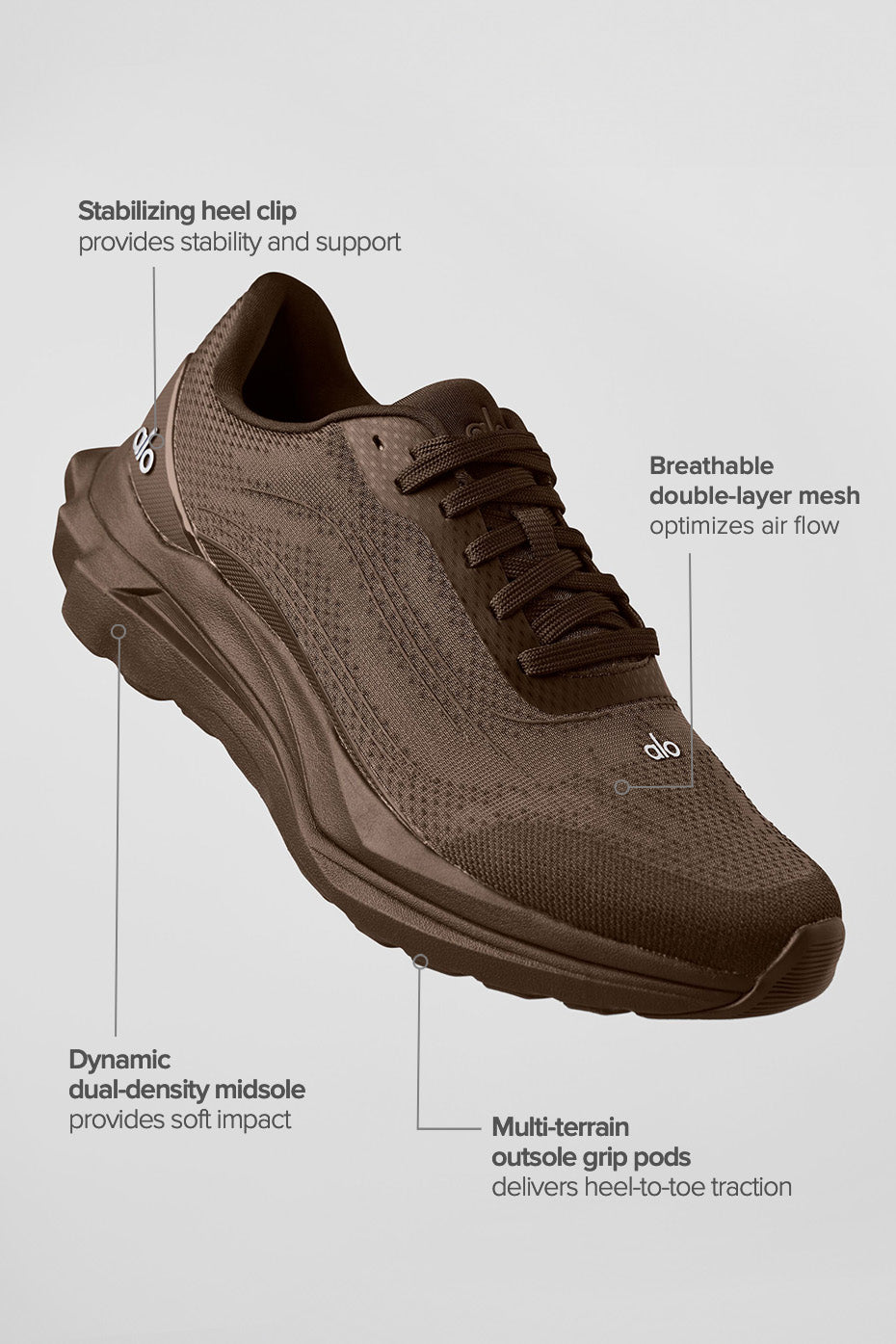 Top view of the breathable mesh upper of ALO Runner - Espresso for trail running