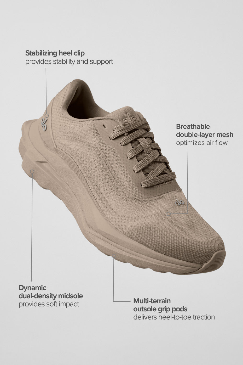 ALO Gravel Runner on gravel trail, highlighting dual-density midsole