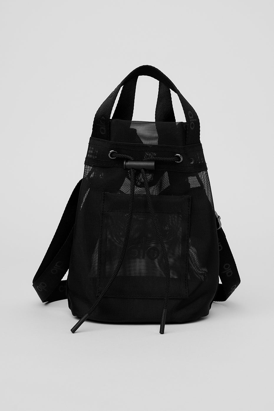 Black mesh crossbody bucket bag with top handles and drawstring closure, perfect for casual outings.