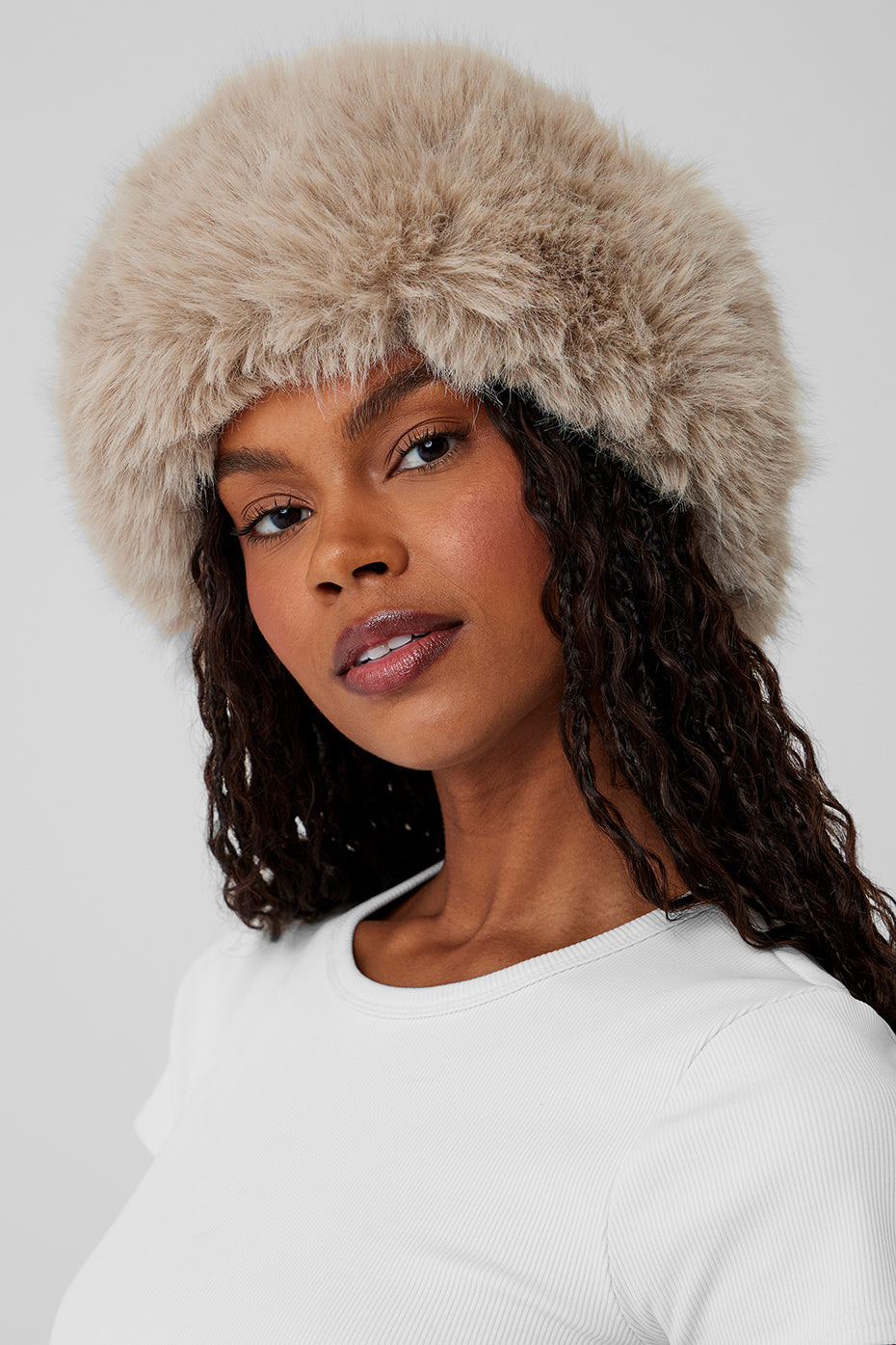 Luxe faux fur headband worn outdoors, showcasing its stylish look.