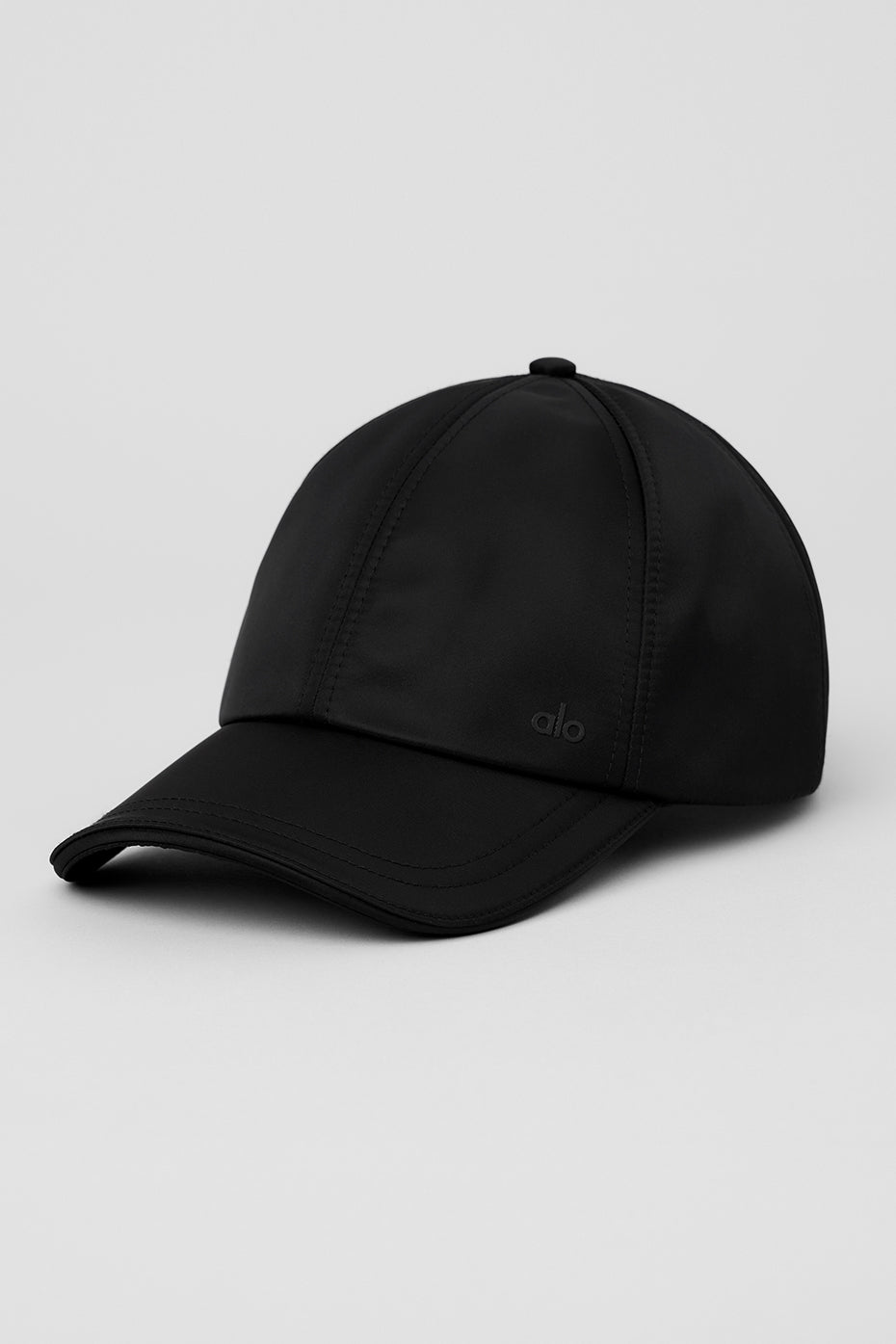 Front view of the satin luxury off-duty hat in black, showcasing its sleek design.