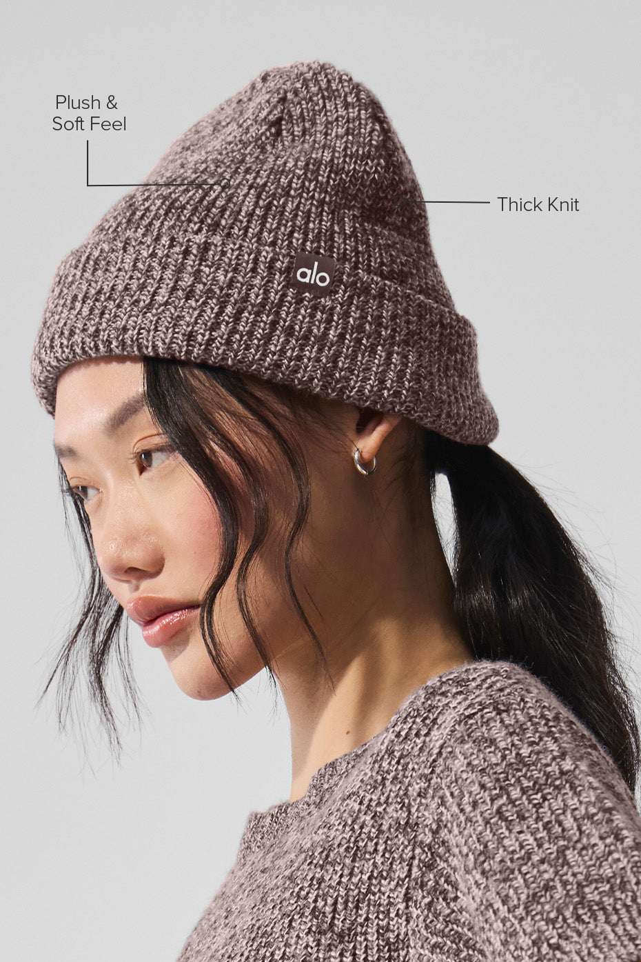 Side angle of the cozy wool hat, showcasing its textured finish and warmth.