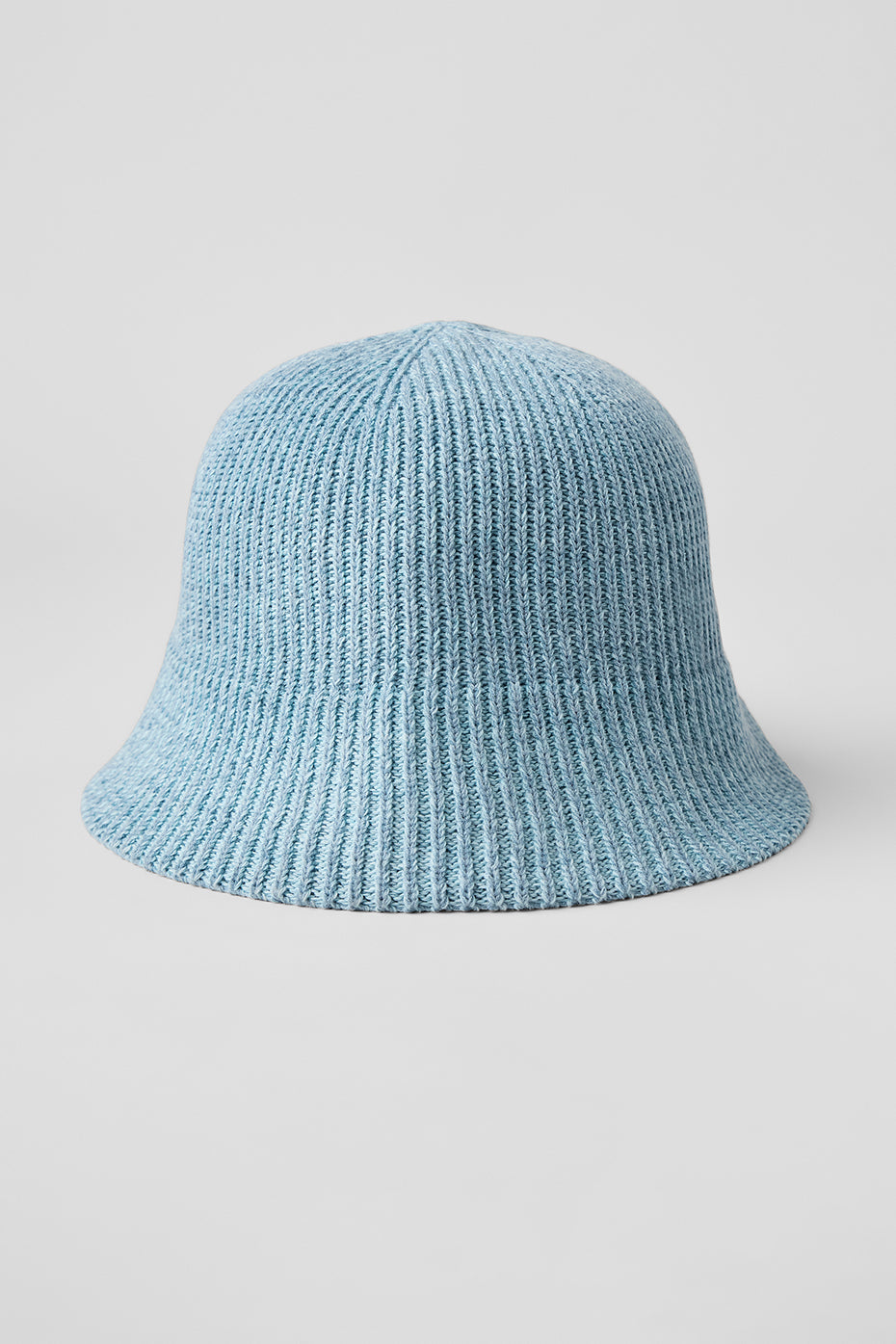 Front view of the celestial blue denim knit cloche hat, showcasing its elegant design.