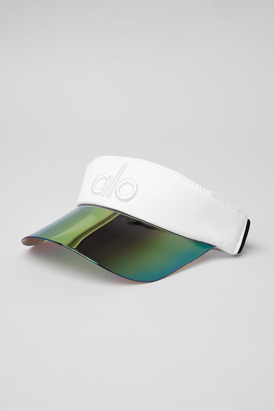 Ladies white tennis visor with holographic brim, perfect for sunny days.
