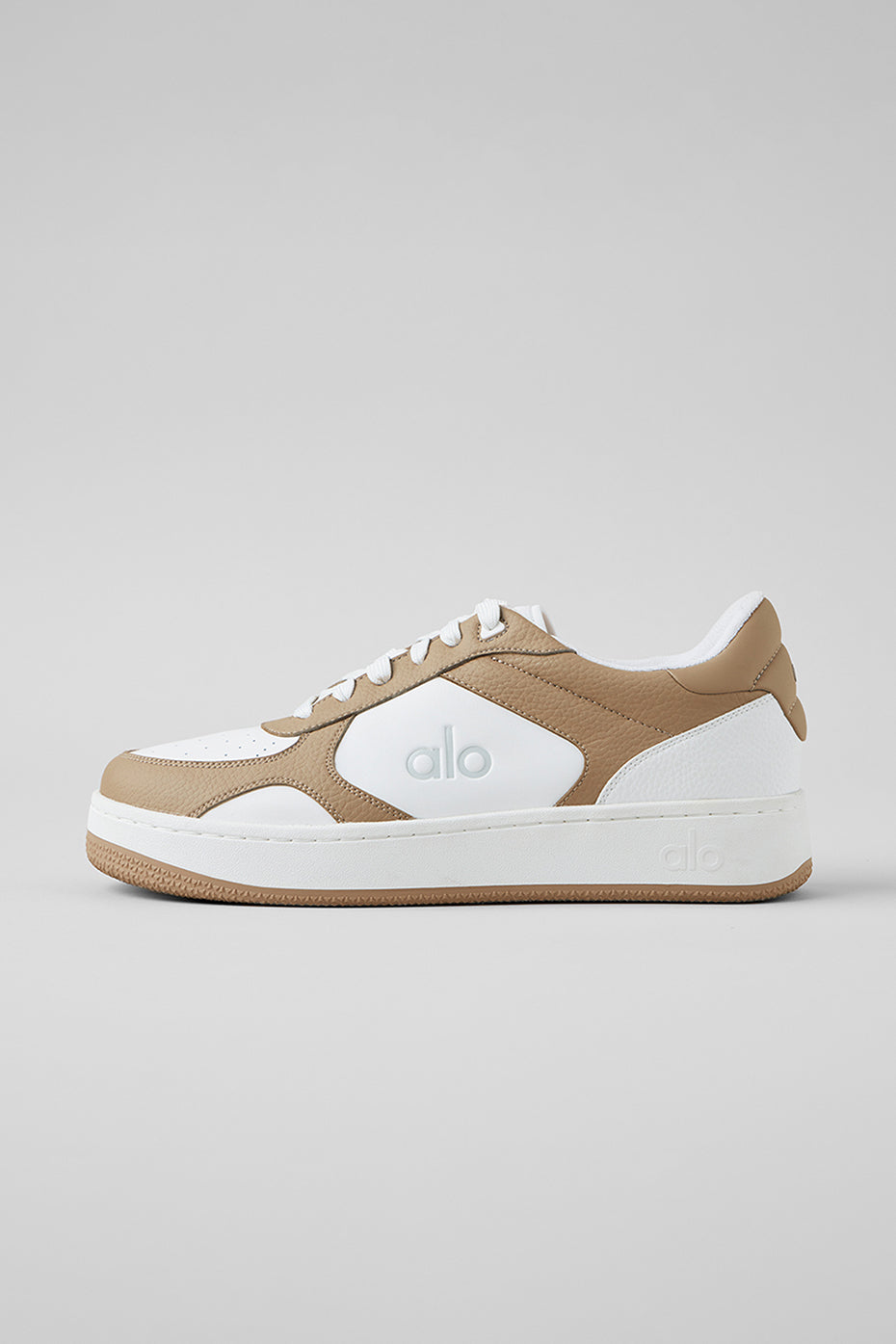Side view of ALO Recovery Mode Sneakers showcasing the Gravel/White color scheme.