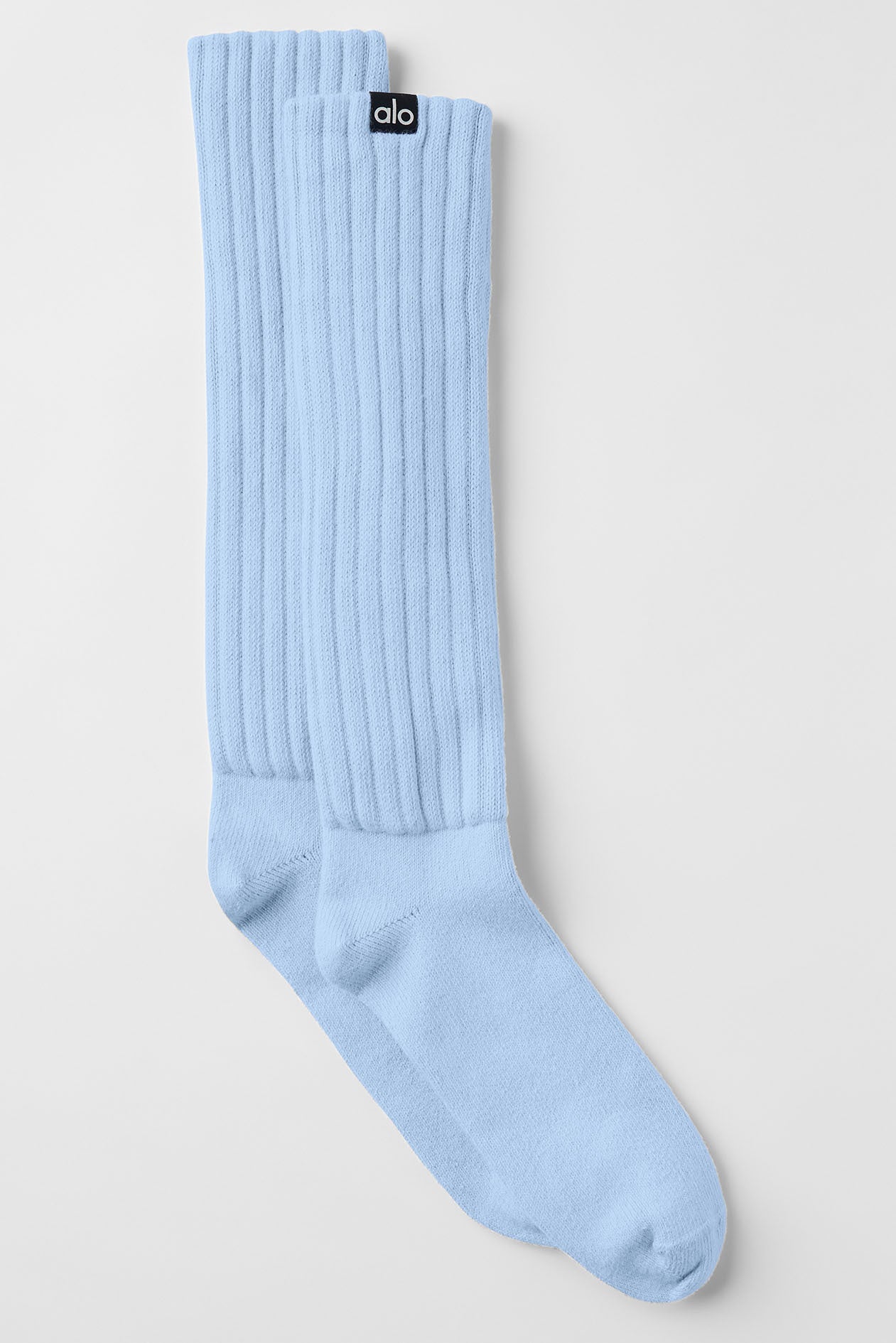 Close-up of seashell blue slouch scrunch socks, showing texture and design.