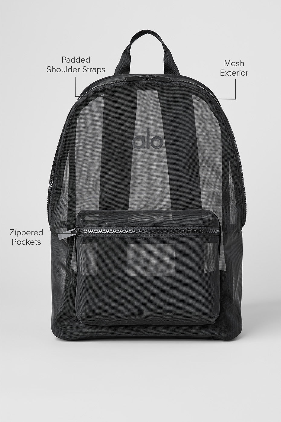 Close-up of the backpack’s transparent mesh pockets for easy visibility.