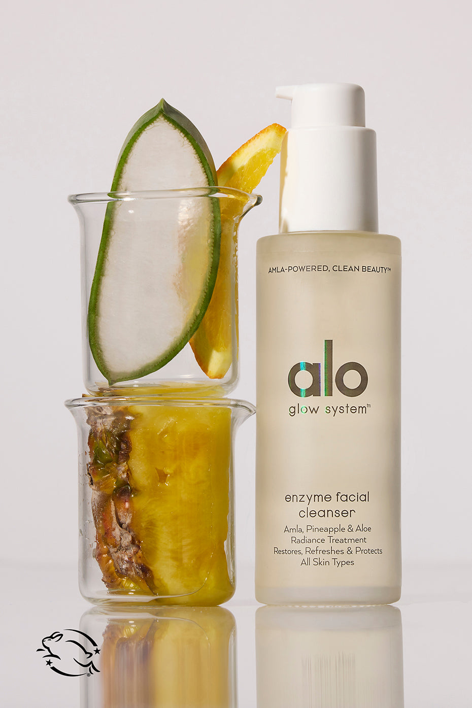 Close-up of GlowRenew enzyme cleanser on a bathroom counter with natural lighting