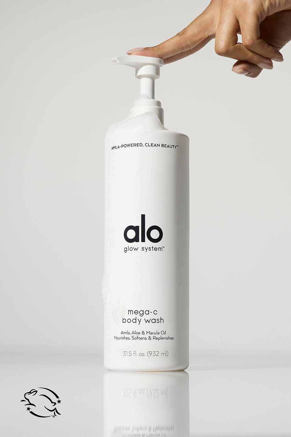 Magnesium stress relief body wash bottle in a serene bathroom setting.