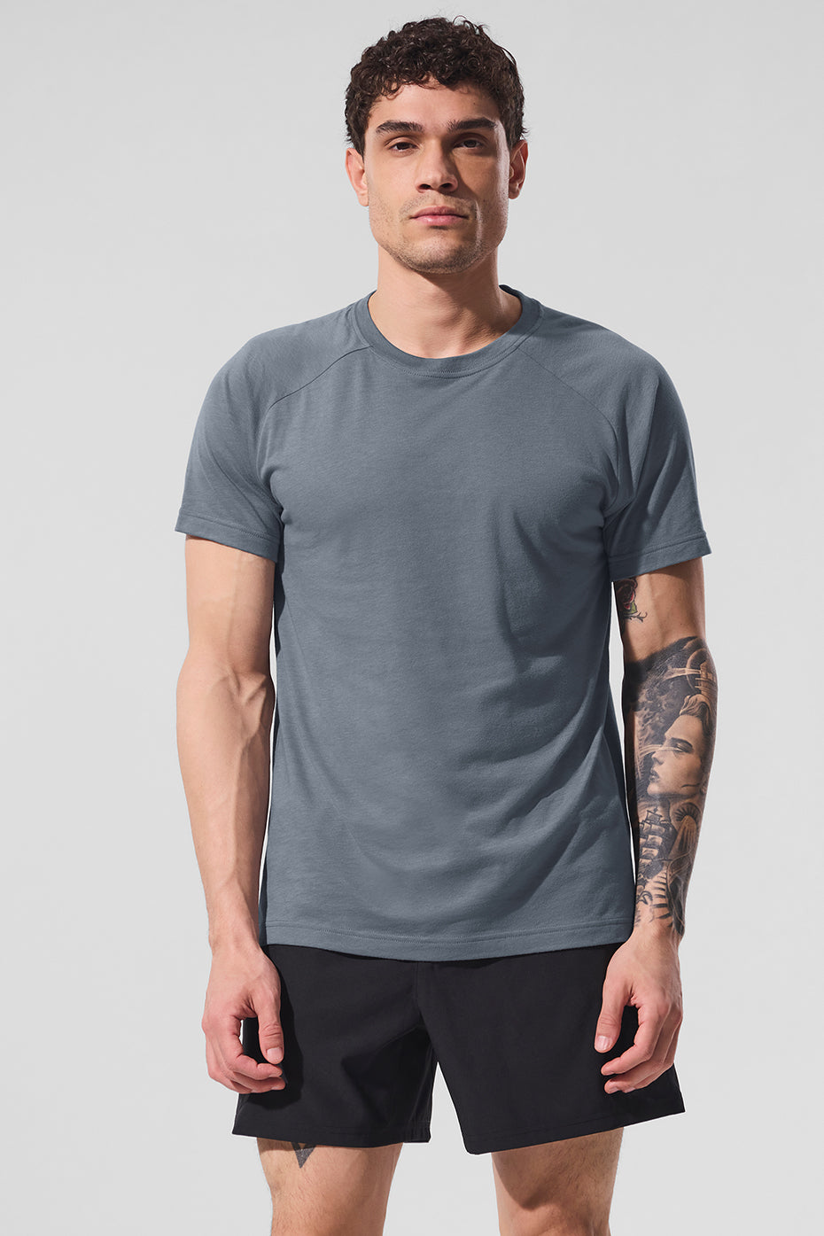 Front view of the Triumph Steel Grey Raglan Tee, showcasing its relaxed fit.