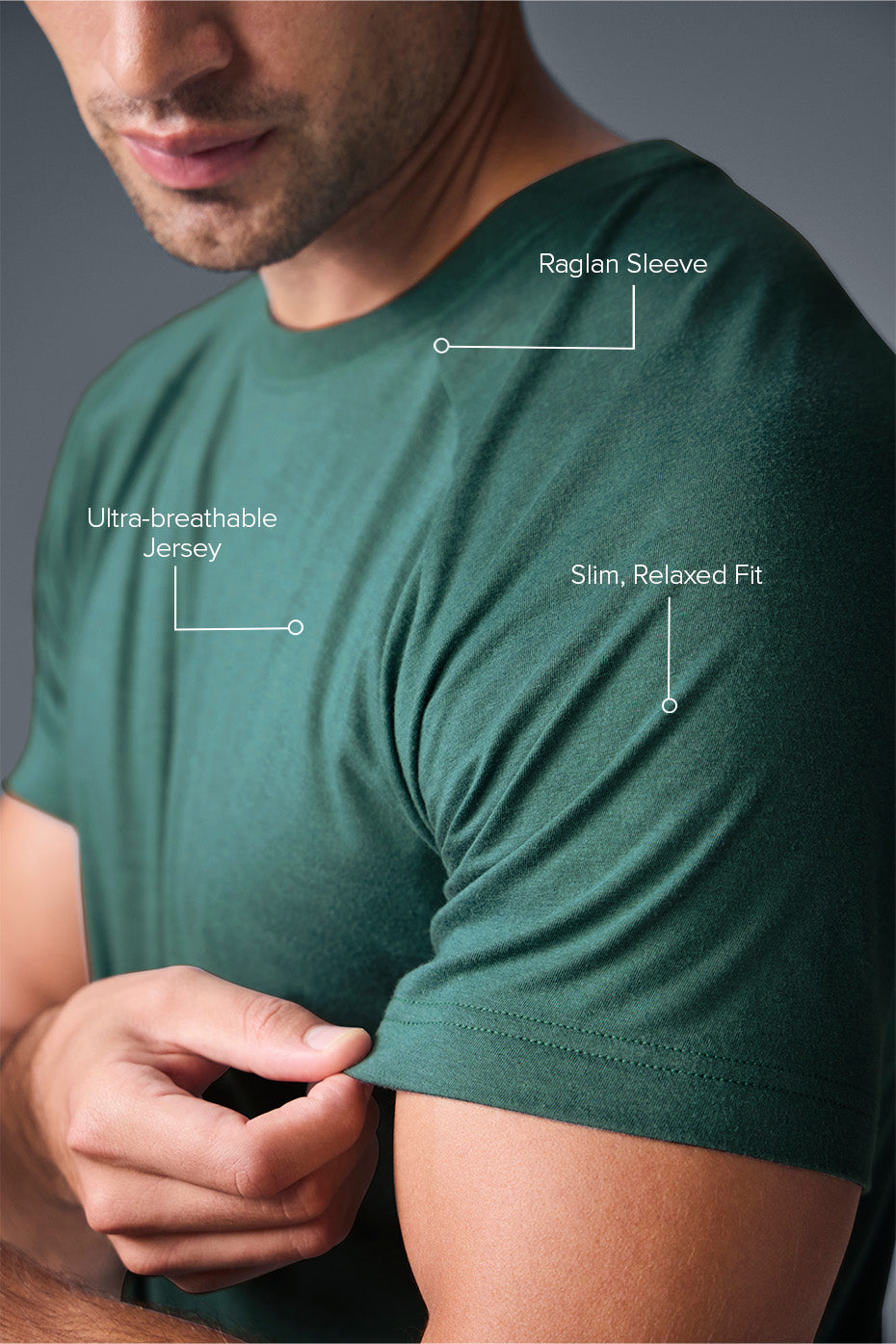 Side view showcasing the fit of the mens raglan tee.