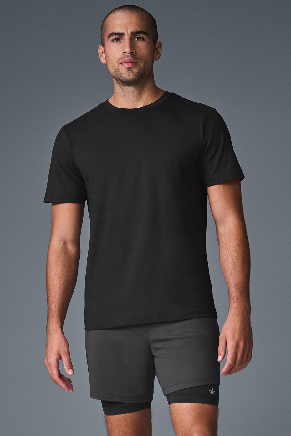 Front view of essential black crewneck t-shirt suitable for activewear.