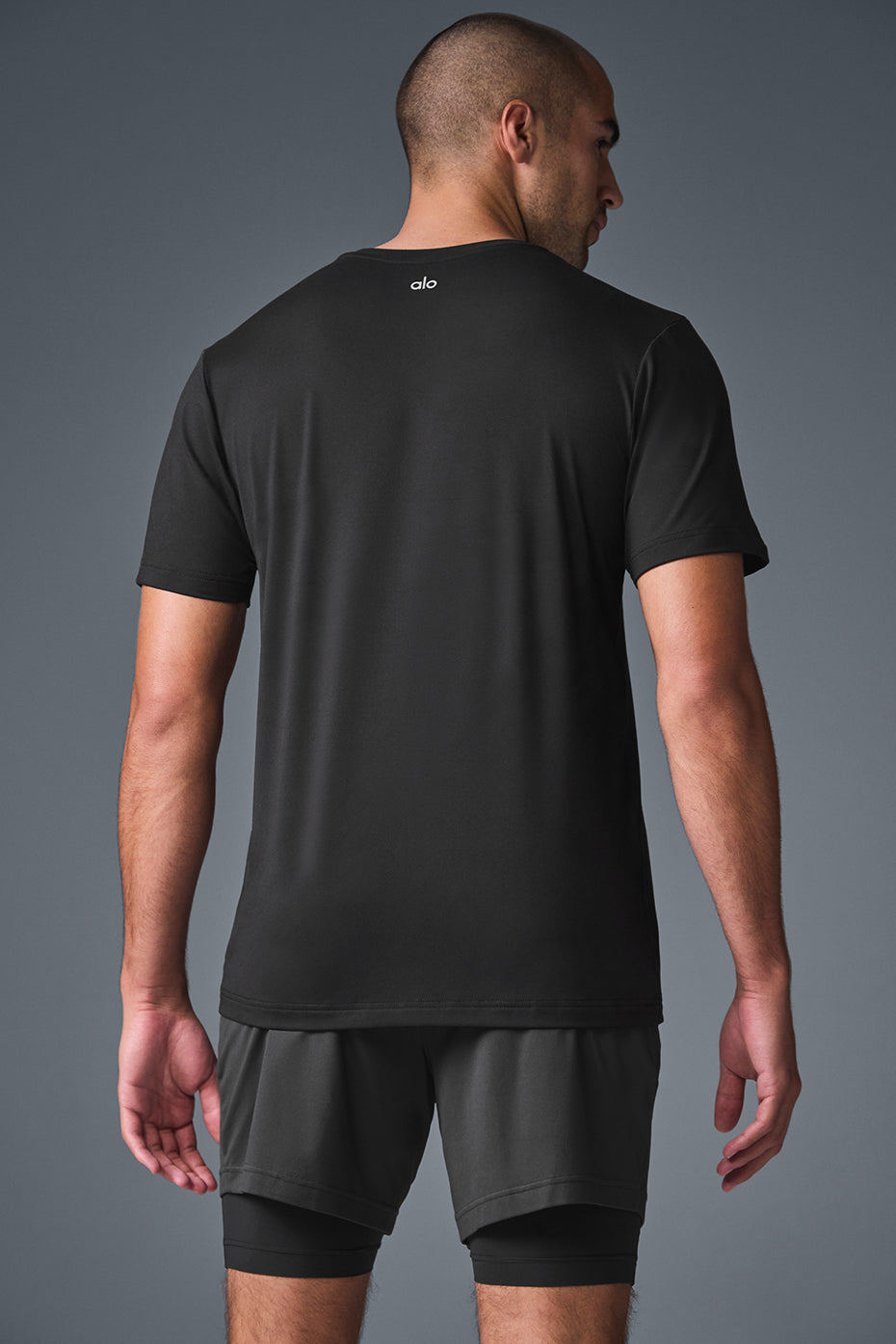 Casual outfit featuring the black crewneck t-shirt with shorts.