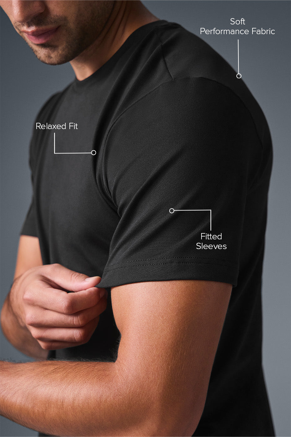 Side view of the black crewneck t-shirt, showing its soft fabric.