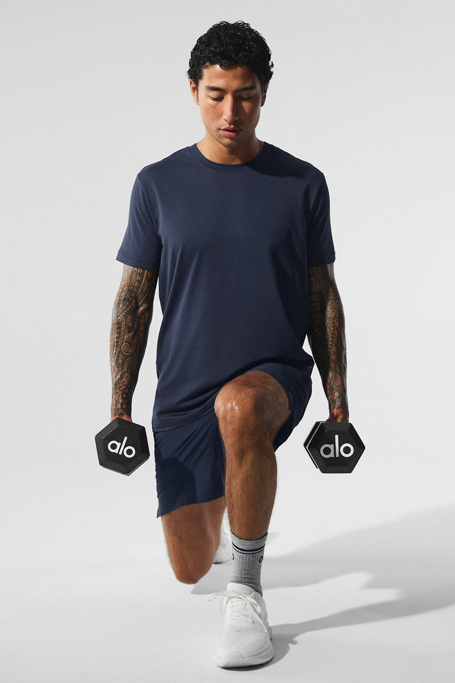 Front view of navy crewneck short sleeve t-shirt, ideal for layering.