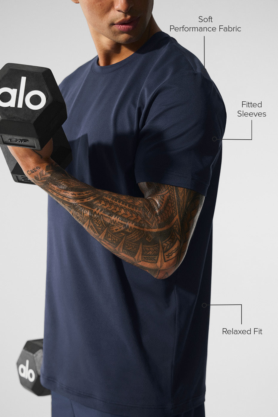 Side view of versatile navy short sleeve shirt, great for athletic wear.