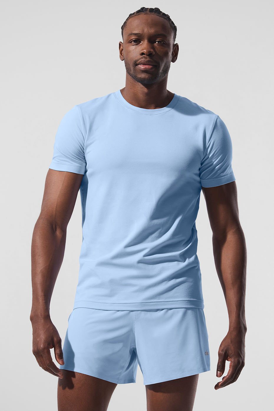Front view of Seashell Blue crewneck t-shirt, ideal for layering.