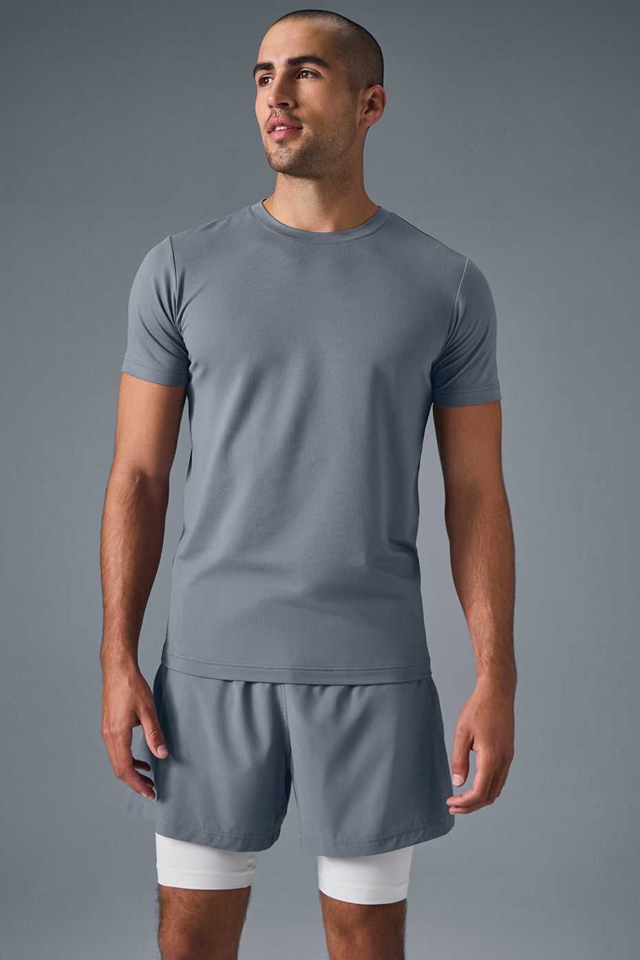 Front view of the Essential Comfort crewneck sweatshirt in Steel Grey, perfect for layering.