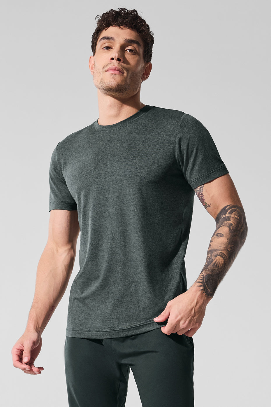 Front view of Elevate Crewneck Fitness T-Shirt in charcoal green heather.