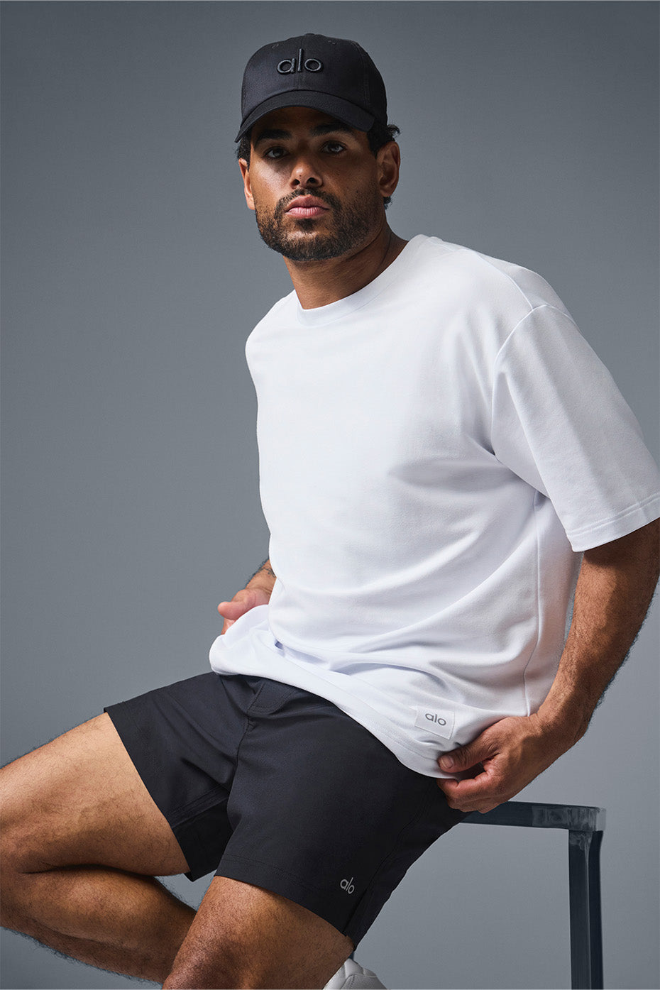 Front view of the Double Take oversized t-shirt in white, styled with baggy cargos.