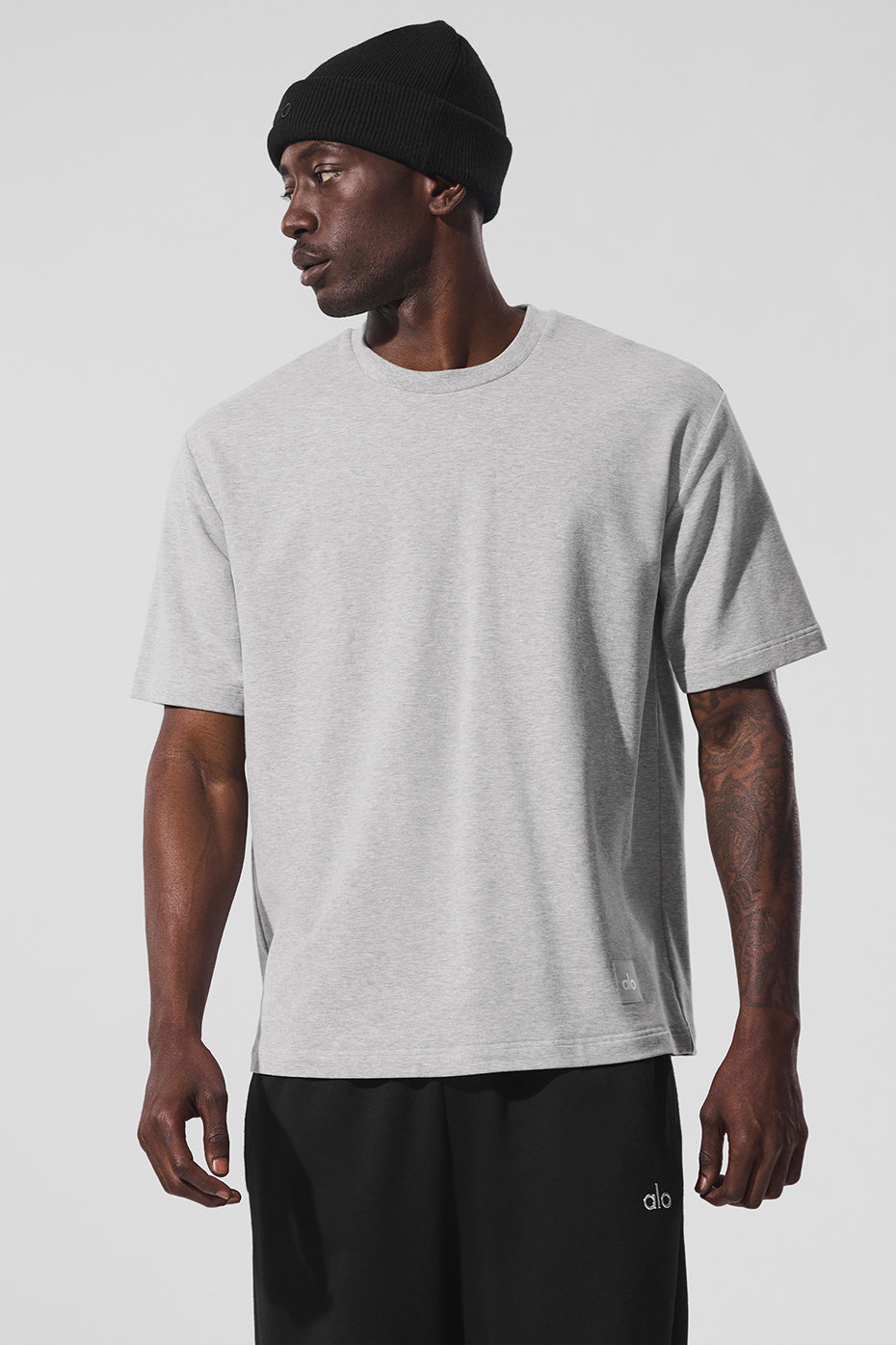Front view of the oversized athletic tee in Heather Grey.