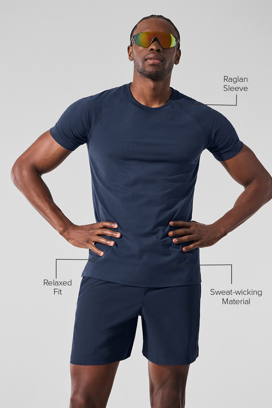 Detail angle showing crew neckline and breathable fabric texture for gym clothing