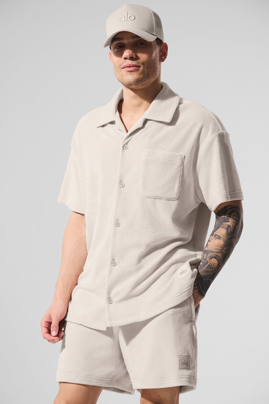 Front view of Coastal Comfort Terry Button-Up shirt in Bone, ideal for summer wear.