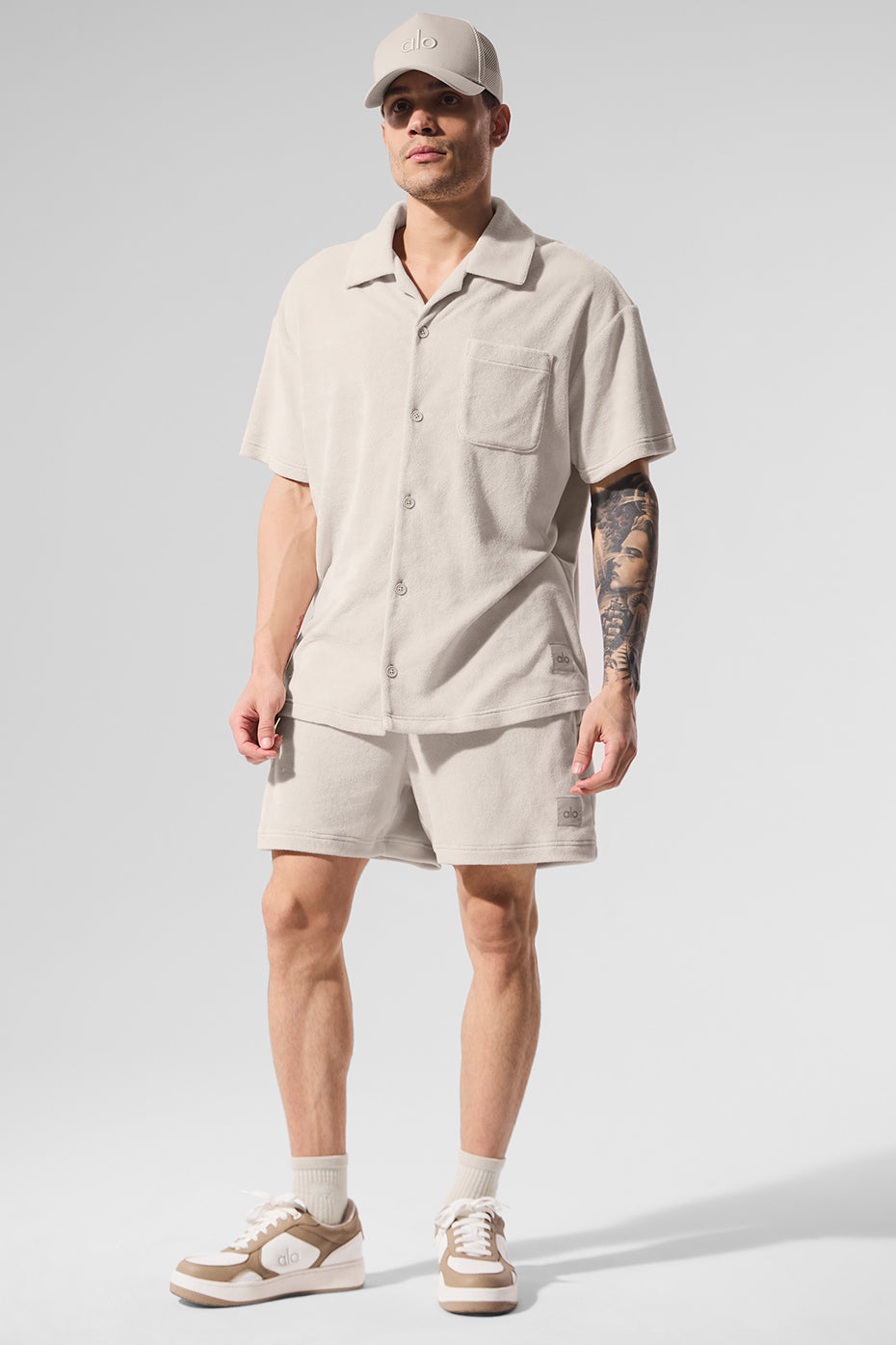 Front view of Coastal Comfort Terry Button-Up shirt in Bone, ideal for summer wear.