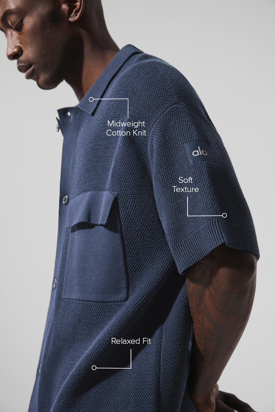 Close-up of black short sleeve button up texture highlighting waffle knit finish