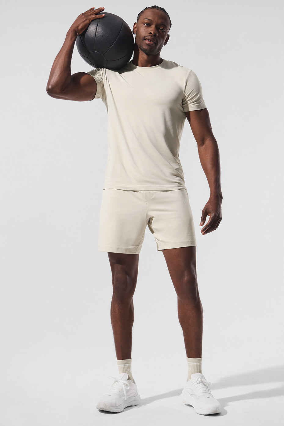 Front view of the essential crewneck short sleeve top in Bone, ideal for casual wear.