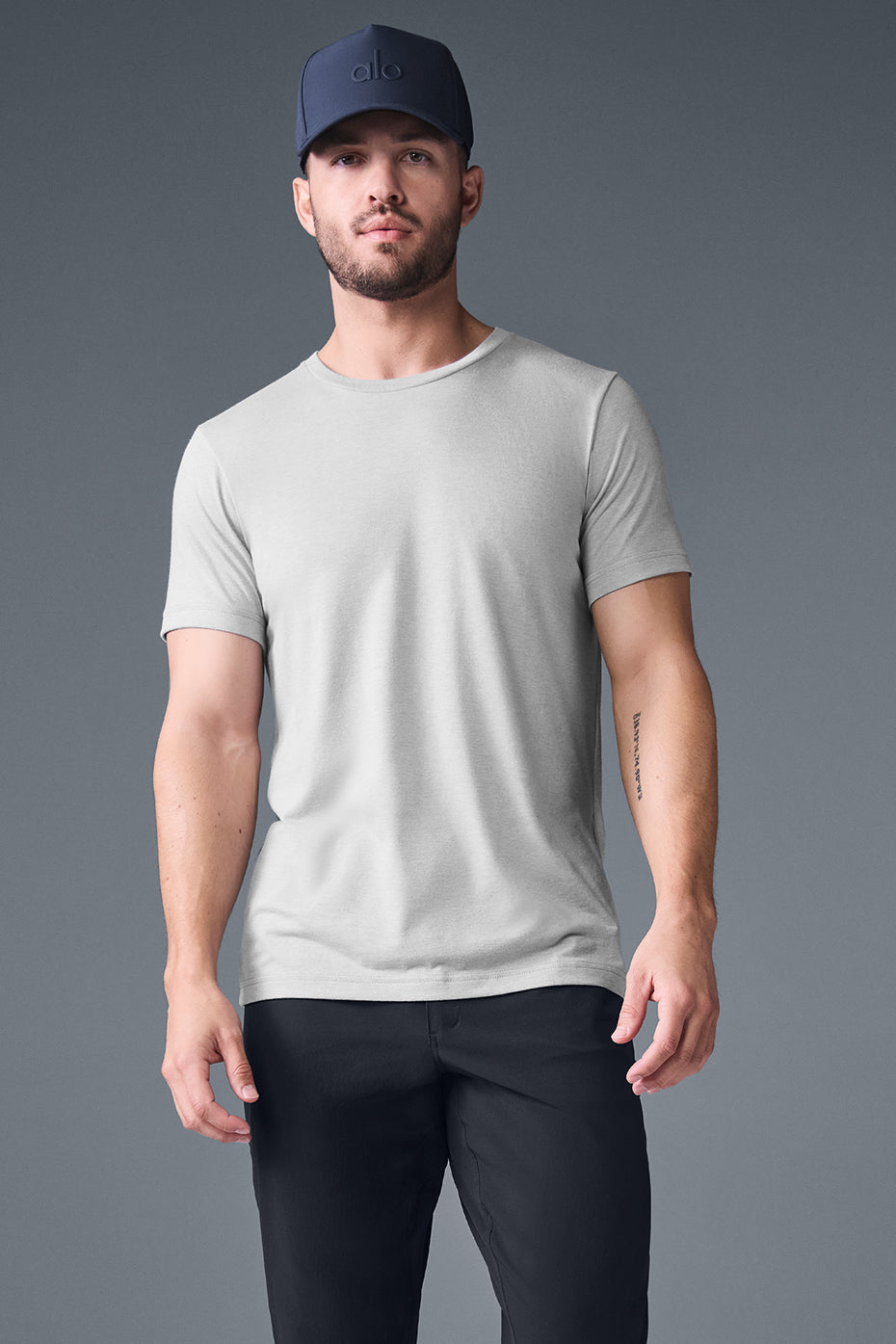 Front view of men's athletic fit t-shirt in Heather Grey, ideal for gym and casual wear