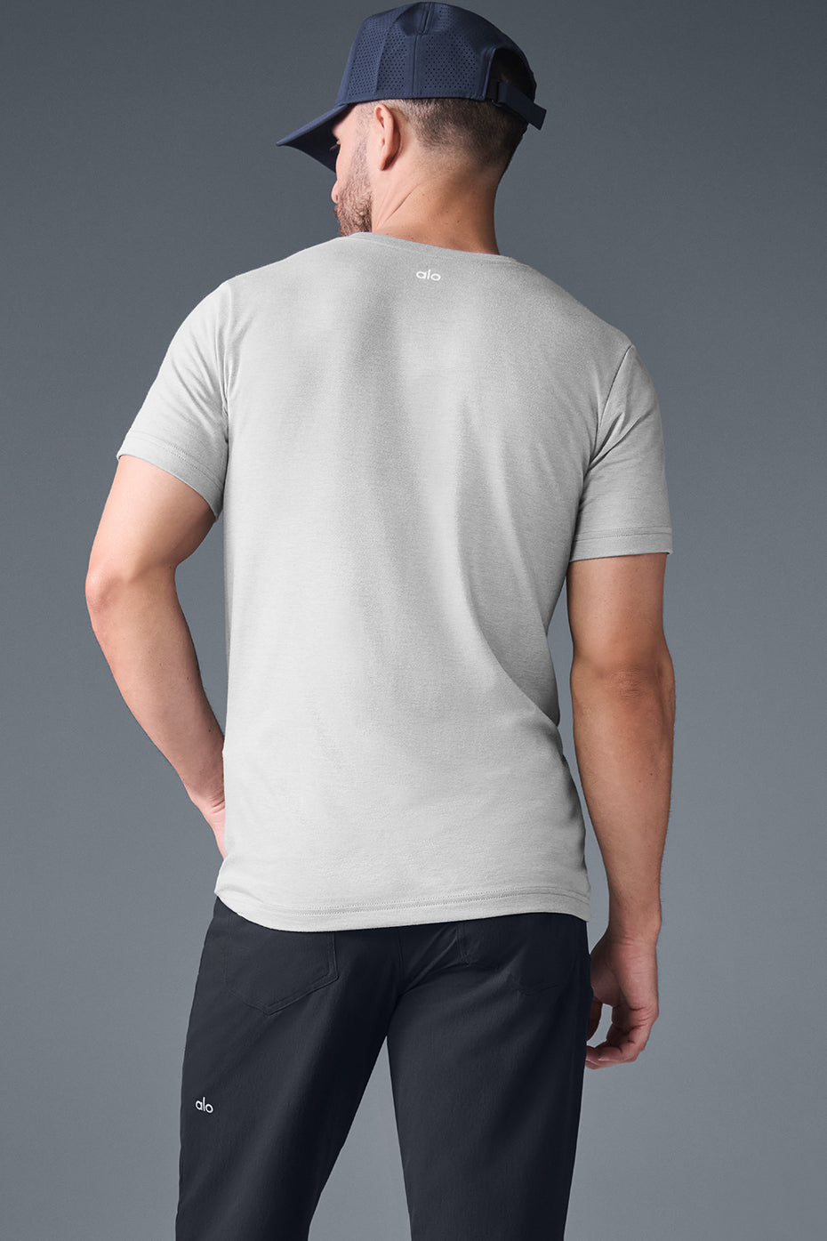Close-up of the fabric and fit of the mens slim fit t shirts in Heather Grey