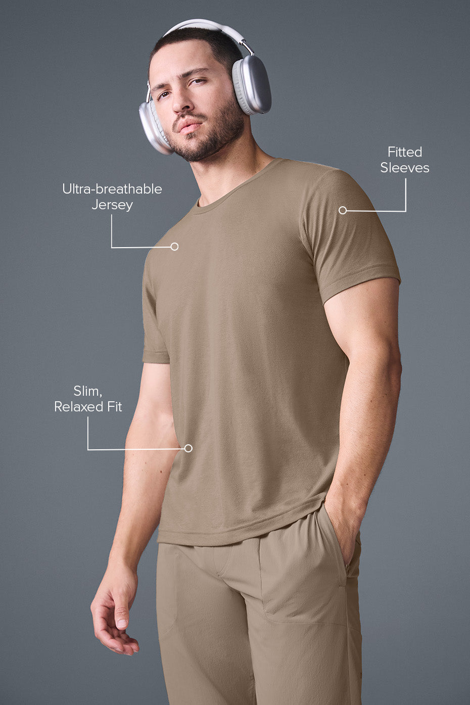 Close-up of the fabric and fit of the Triumph Tee in Gravel color