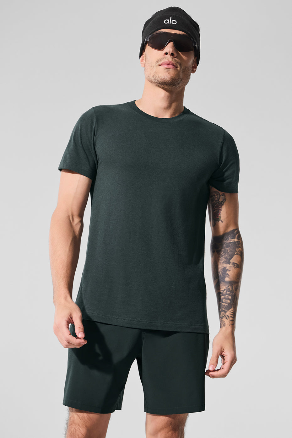 Front view of Timeless Triumph Fitness T-Shirt in Charcoal Green, ideal for workouts.