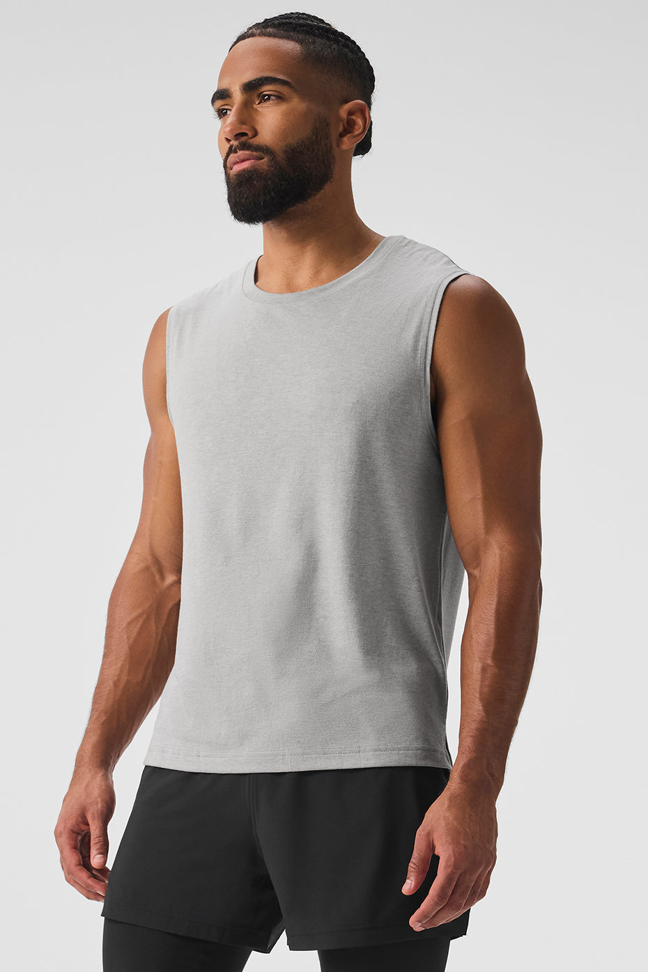 Front view of Triumph women's muscle tank in Heather Grey for workout and casual style