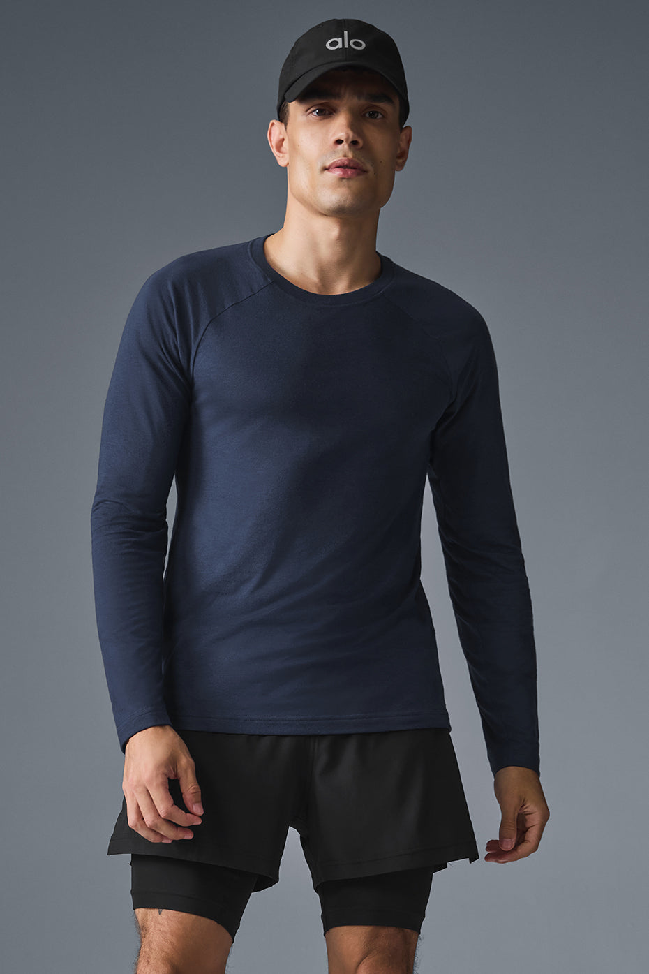 Close-up of the navy long sleeve tee fabric highlighting its softness