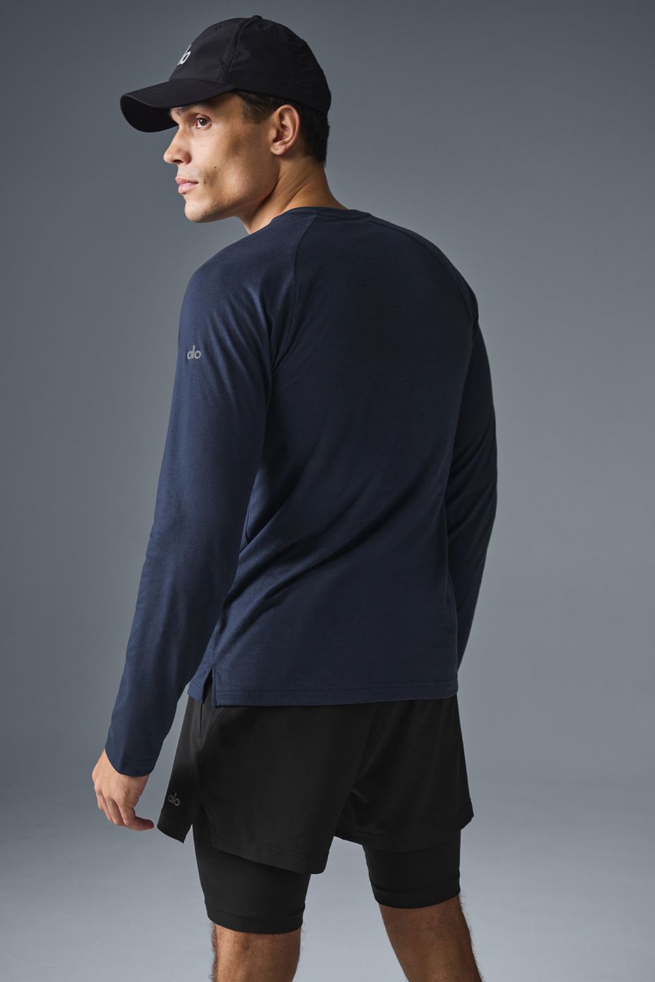 Front view of the navy casual shirt paired with jeans for a relaxed style