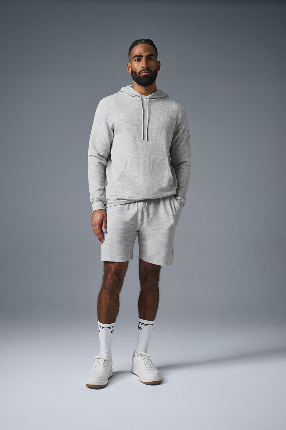 Close-up of the Micro Waffle athletic hoodie fabric, highlighting the waffle knit texture