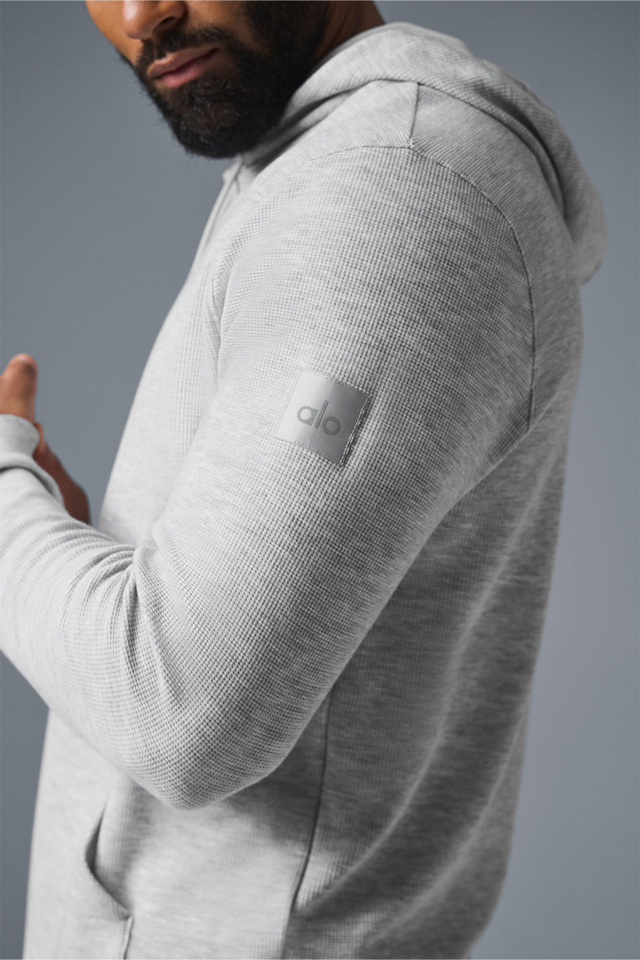 Person wearing the Micro Waffle hoodie outdoors during a chilly morning in Chicago