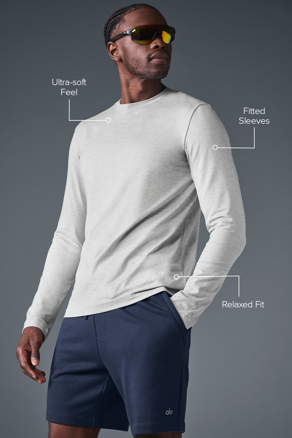 Close-up of the super-soft fabric and relaxed fit of the crewneck long sleeve shirt