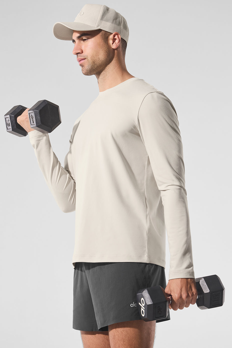 Front view of Conquer Reform crewneck long sleeve shirt in Bone showing relaxed fit
