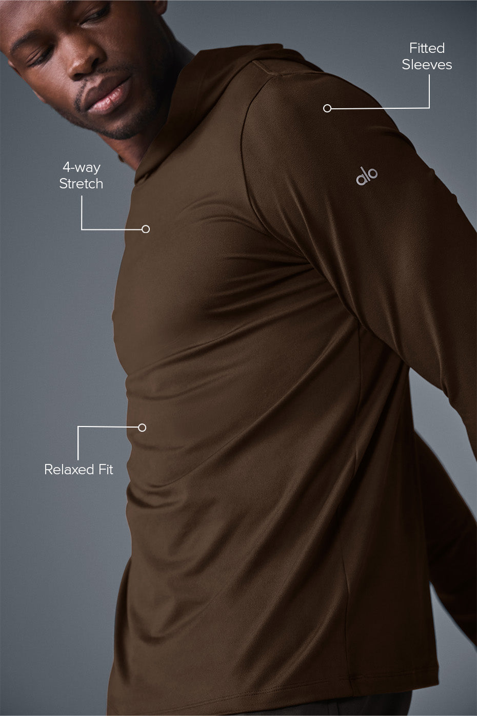 Front view of the moisture-wicking long sleeve hoodie with hood up